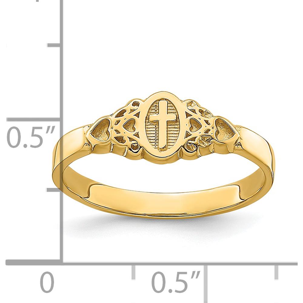 14K Yellow Gold Cross Inside Oval Ring with Scroll and Heart Design by 0