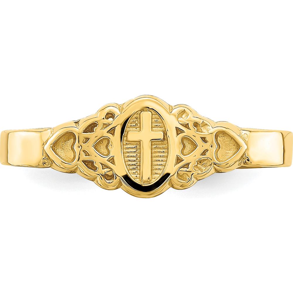 14K Yellow Gold Cross Inside Oval Ring with Scroll and Heart Design by 0