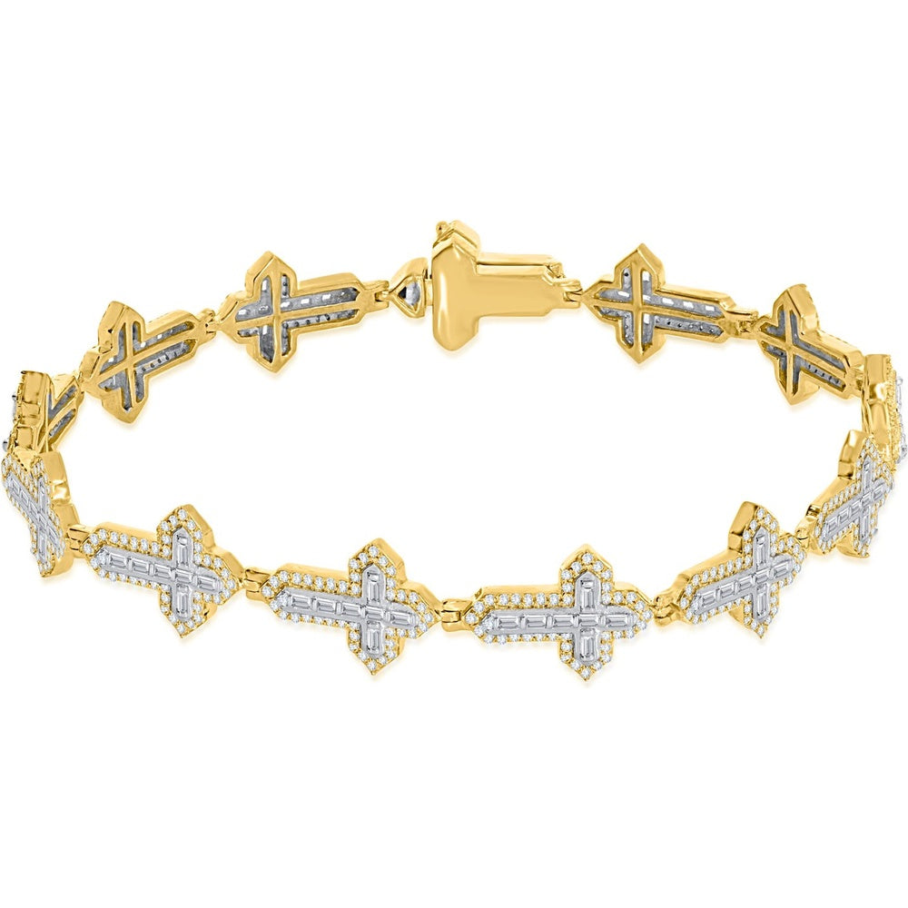 14K Yellow Gold Cross Link Bracelet with Prong and Channel Set Round and Baguette Diamonds - 1.87 Carat Total Diamond Weight by Auriventus