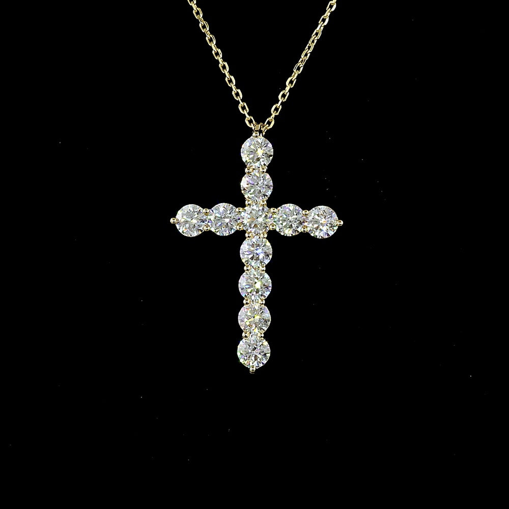 14K Yellow Gold Cross Pendant Necklace with 11 Round Brilliant Lab-Grown Diamonds - 1.94 Carat Total Weight, E-F Color, VS Clarity - Covaloro Fine Jewelry