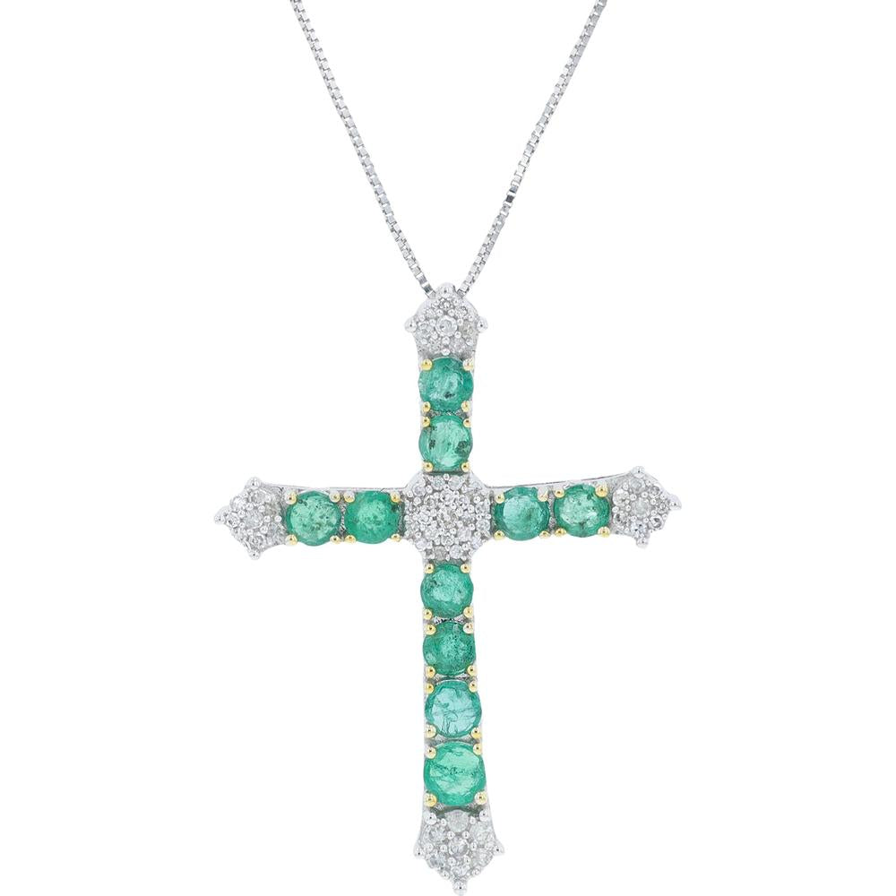 14K Yellow Gold Cross Pendant with 1.10 - 1.25 Carat Emeralds and 0.17 Carat Pavé Diamonds