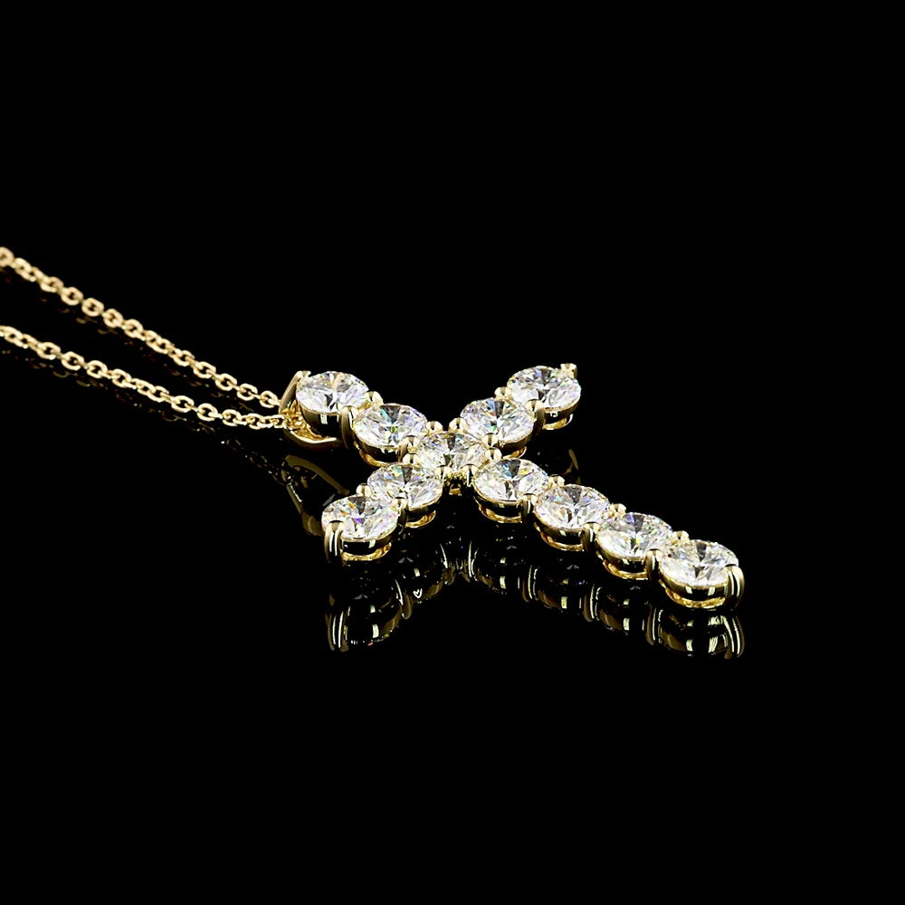 14K Yellow Gold Cross Pendant with 11 Round Brilliant Cut Lab Diamonds - 4.10 Carat Total Weight, D VS1 Clarity - Covaloro Fine Jewelry