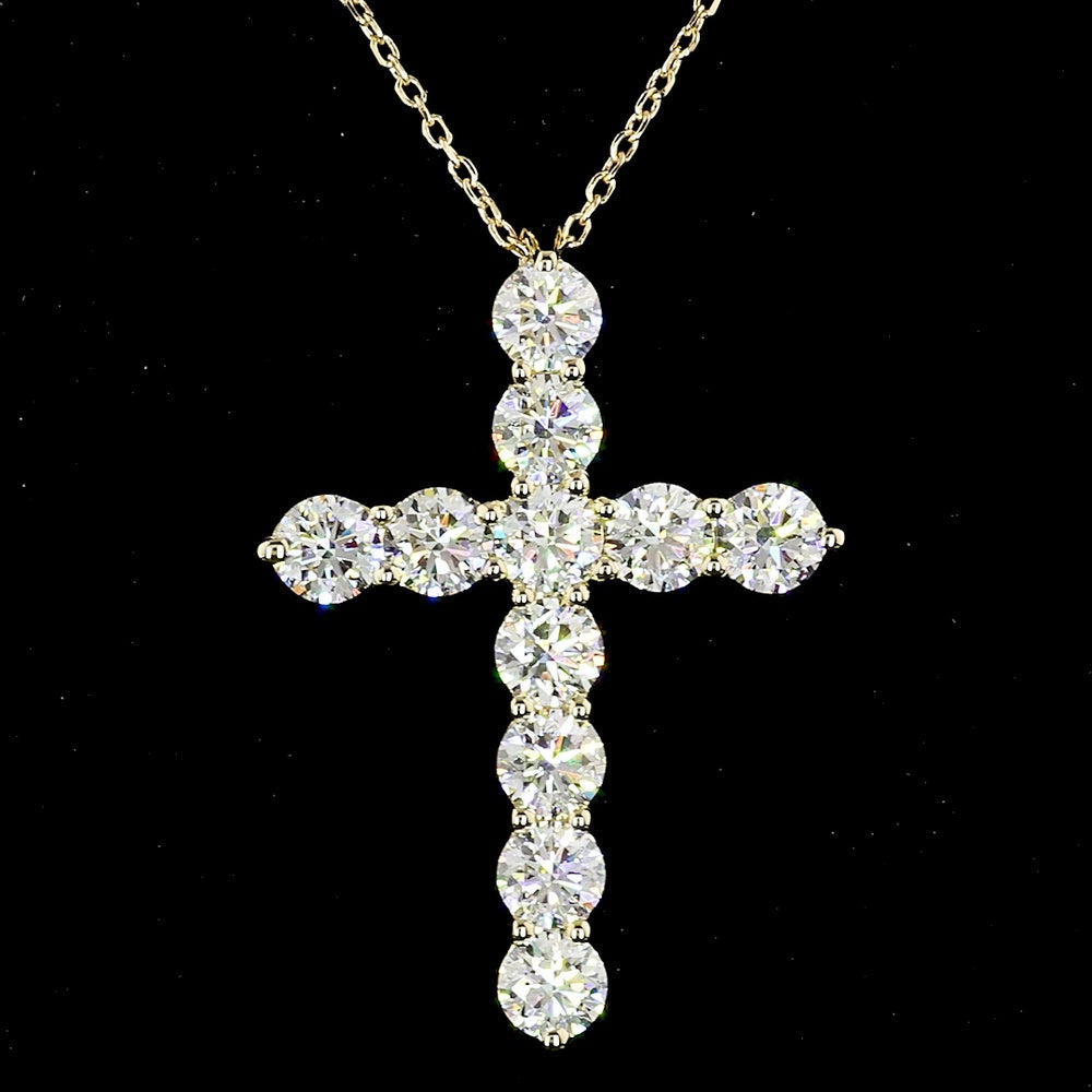 14K Yellow Gold Cross Pendant with 11 Round Brilliant Cut Lab Diamonds - 4.10 Carat Total Weight, D VS1 Clarity - Covaloro Fine Jewelry