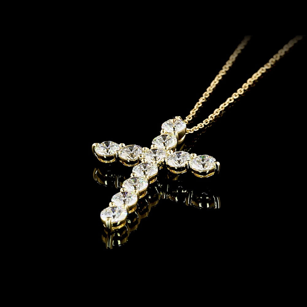 14K Yellow Gold Cross Pendant with 11 Round Brilliant Cut Lab Diamonds - 4.10 Carat Total Weight, D VS1 Clarity - Covaloro Fine Jewelry