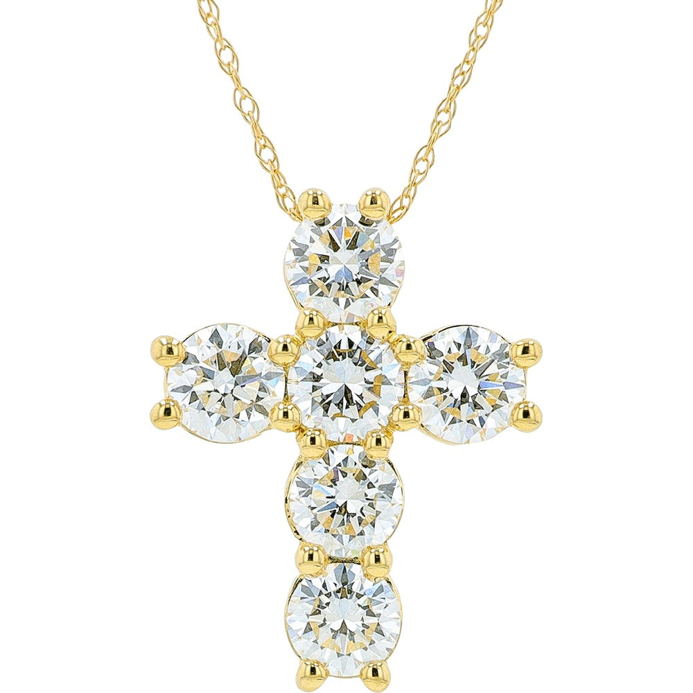 14K Yellow Gold Cross Pendant with 4-Prong Set Round Lab Grown Diamonds - 2.00 Carat Total Diamond Weight