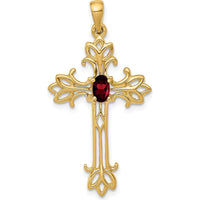 14K Yellow Gold Cross Pendant with 5x3mm Oval Garnet - 0.30 Carat Total Gem Weight by Monteluci Fine Jewelry