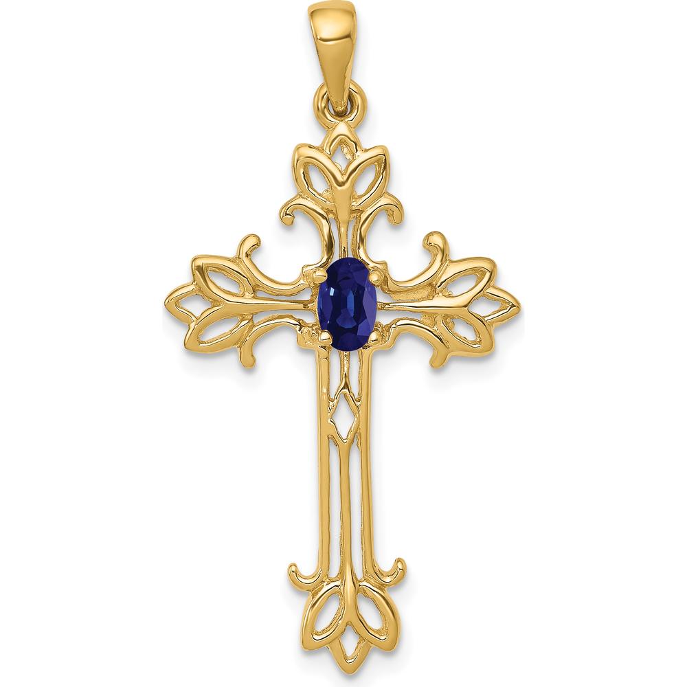 14K Yellow Gold Cross Pendant with 5x3mm Oval Sapphire - 0.35 Carat Total Sapphire Weight by Monteluci Fine Jewelry