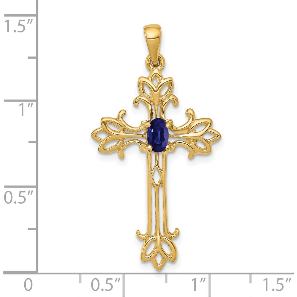 14K Yellow Gold Cross Pendant with 5x3mm Oval Sapphire - 0.35 Carat Total Sapphire Weight by Monteluci Fine Jewelry