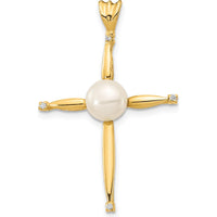 14K Yellow Gold Cross Pendant with 6-7mm Freshwater Cultured Pearl and 0.02 Carat Diamonds by Monteluci Fine Jewelry