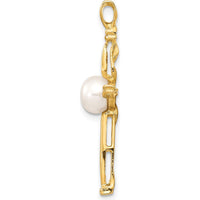 14K Yellow Gold Cross Pendant with 6-7mm Freshwater Cultured Pearl and 0.02 Carat Diamonds by Monteluci Fine Jewelry