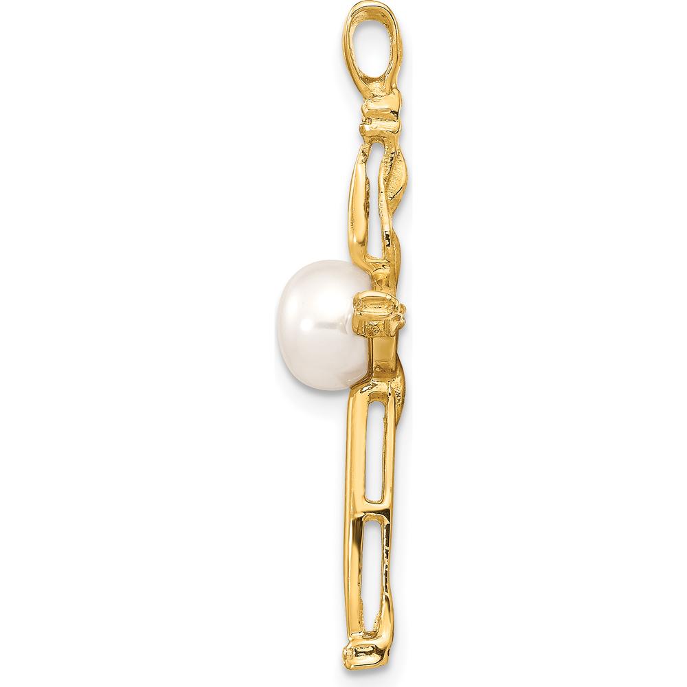 14K Yellow Gold Cross Pendant with 6-7mm Freshwater Cultured Pearl and 0.02 Carat Diamonds by Monteluci Fine Jewelry