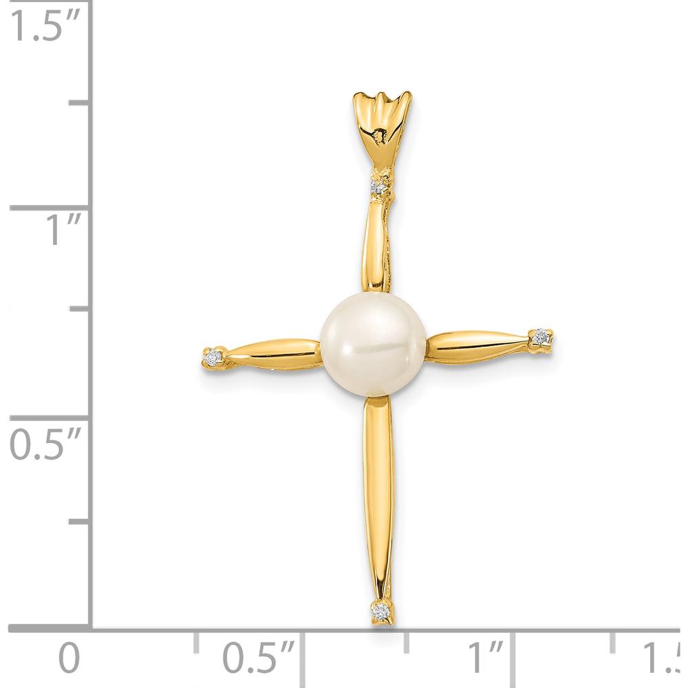14K Yellow Gold Cross Pendant with 6-7mm Freshwater Cultured Pearl and 0.02 Carat Diamonds by Monteluci Fine Jewelry