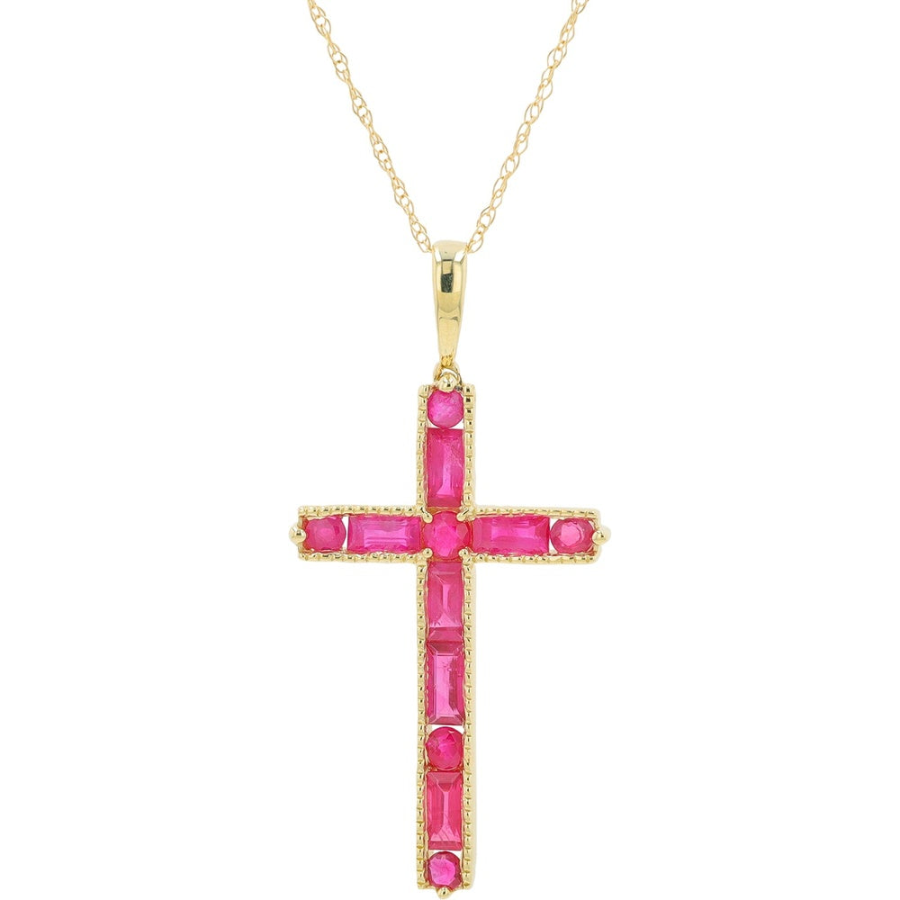 14K Yellow Gold Cross Pendant with Alternating Baguette and Round Cut Rubies - 1.00 to 1.30 Carat Total Ruby Weight with Milgrain Detail