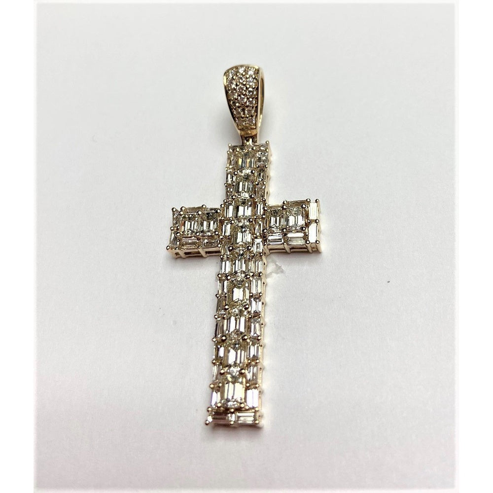 14K Yellow Gold Cross Pendant with Alternating Round and Baguette Diamonds - 4.08 Carat Total Diamond Weight by Auriventus