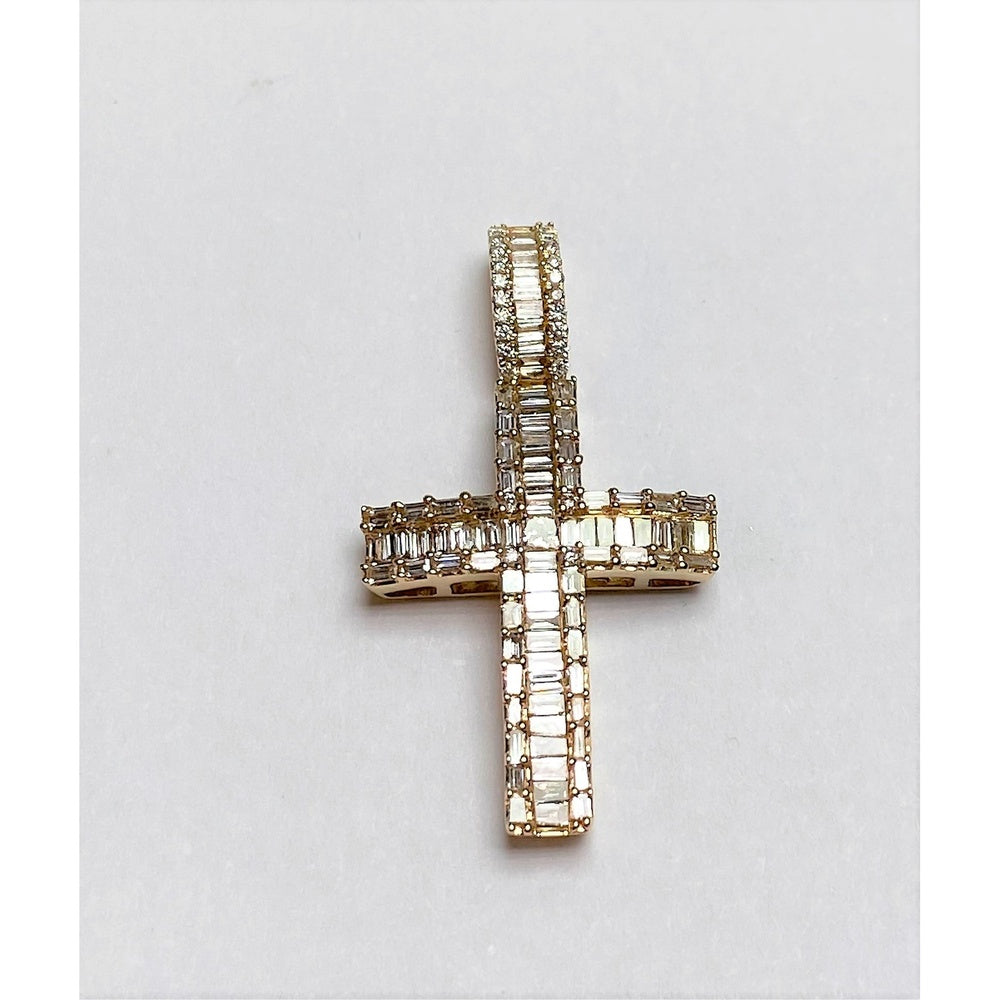 14K Yellow Gold Cross Pendant with Baguette and Round Diamonds - 0.75 Carat Total Diamond Weight by Auriventus