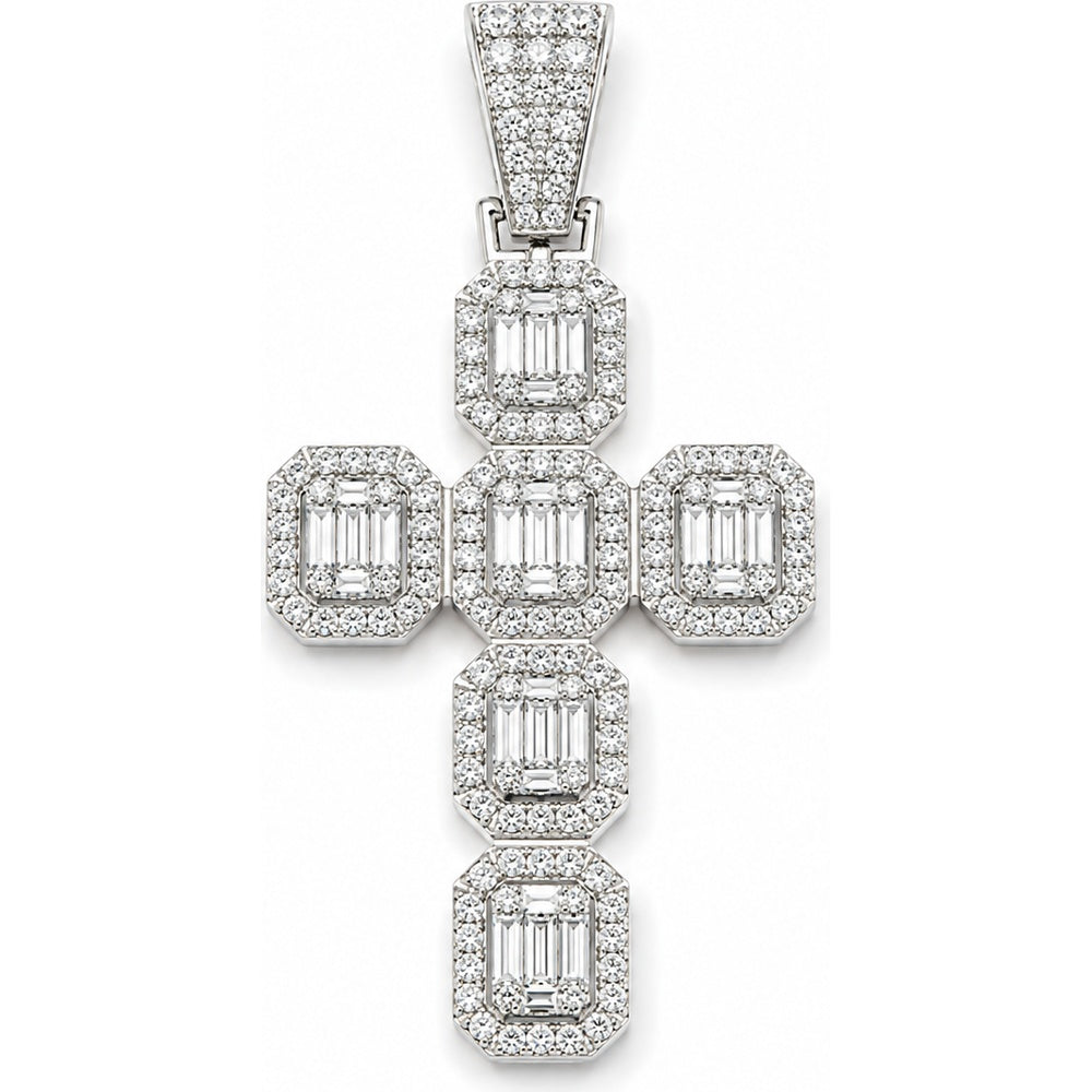 14K Yellow Gold Cross Pendant with Baguette and Round Halo Set Diamonds - 4.21 Carat Total Diamond Weight by Auriventus
