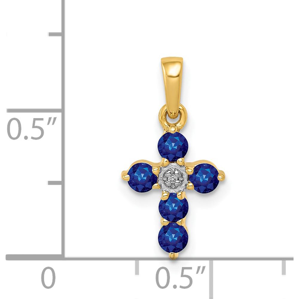 14K Yellow Gold Cross Pendant with Blue Sapphire and Diamond - 0.43 Carat Total Sapphire Weight, 0.003 Carat Diamond Accent by Monteluci Fine Jewelry