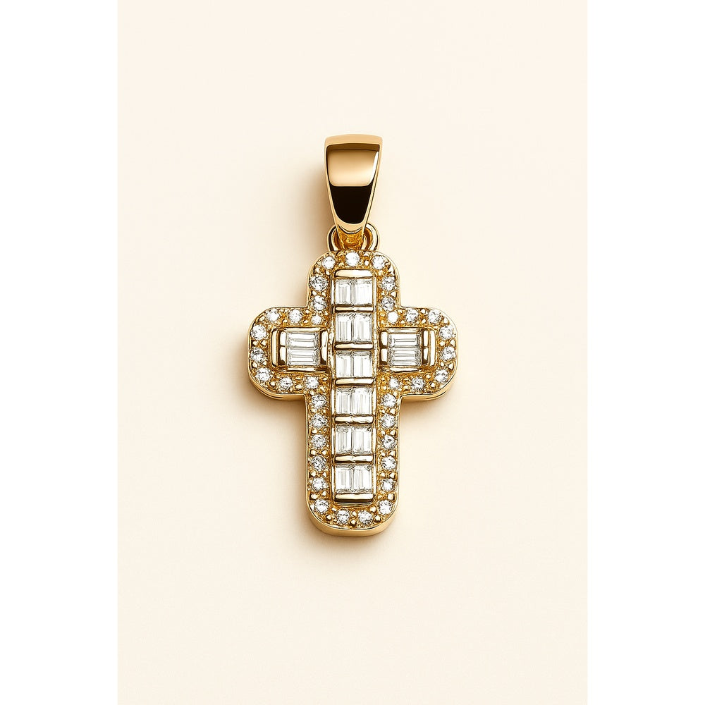 14K Yellow Gold Cross Pendant with Channel-Set Baguette and Prong-Set Round Diamonds - 0.20 Carat Total Diamond Weight by Auriventus