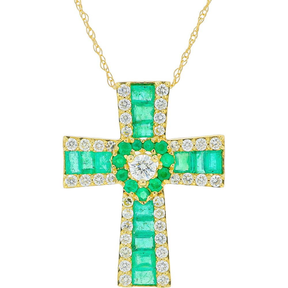 14K Yellow Gold Cross Pendant with Channel-Set Rectangular Emeralds and Diamond Halo - 0.85 Carat Total Emerald Weight and 0.50 Carat Total Diamond Weight