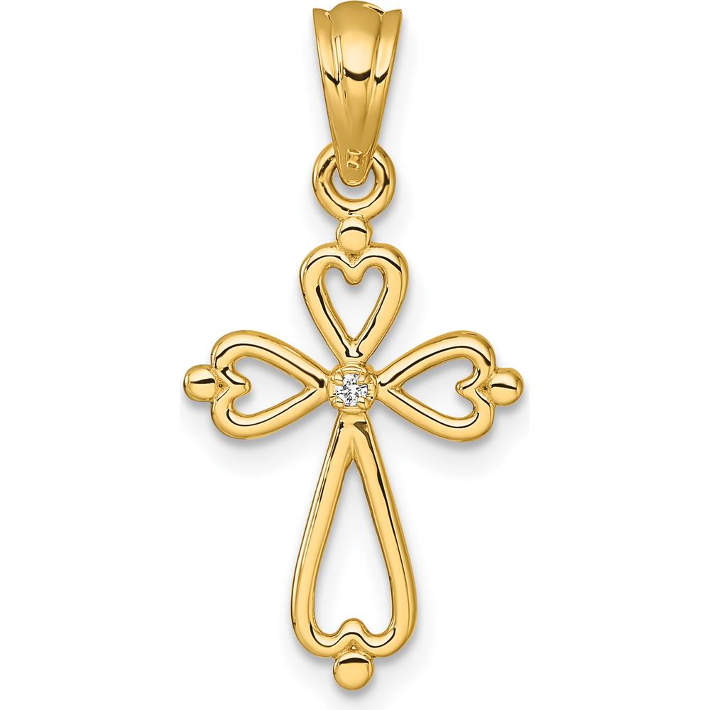 14K Yellow Gold Cross Pendant with Diamond Accent - Heart Shaped Design by Oro Pregiato