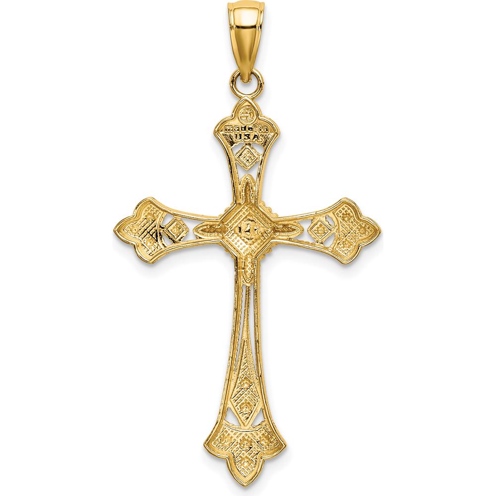 14K Yellow Gold Cross Pendant with Diamond-Cut Edges and Rhodium Accent - 33.63mm Length by Oro Pregiato