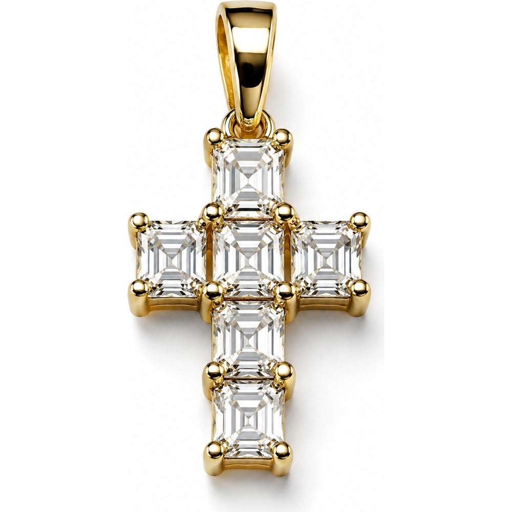 14K Yellow Gold Cross Pendant with Emerald Cut Diamonds - 1.20 Carat Total Diamond Weight by Auriventus