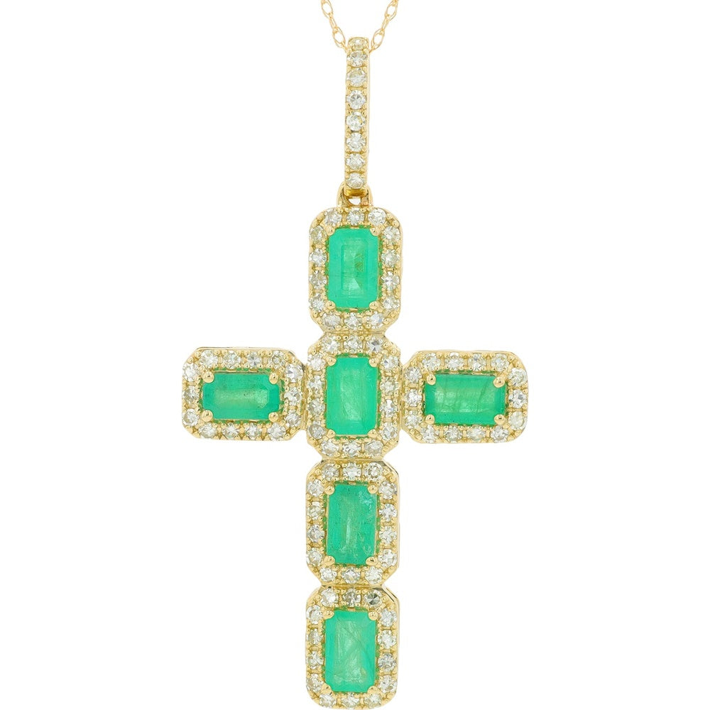 14K Yellow Gold Cross Pendant with Emerald-Cut Emeralds and Diamond Halo Accents - 1.50 Carat Total Emerald Weight, 0.60 Carat Total Diamond Weight