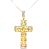 14K Yellow Gold Cross Pendant with Halo Set Round and Baguette Diamonds - 6.08 Carat Total Diamond Weight by Auriventus