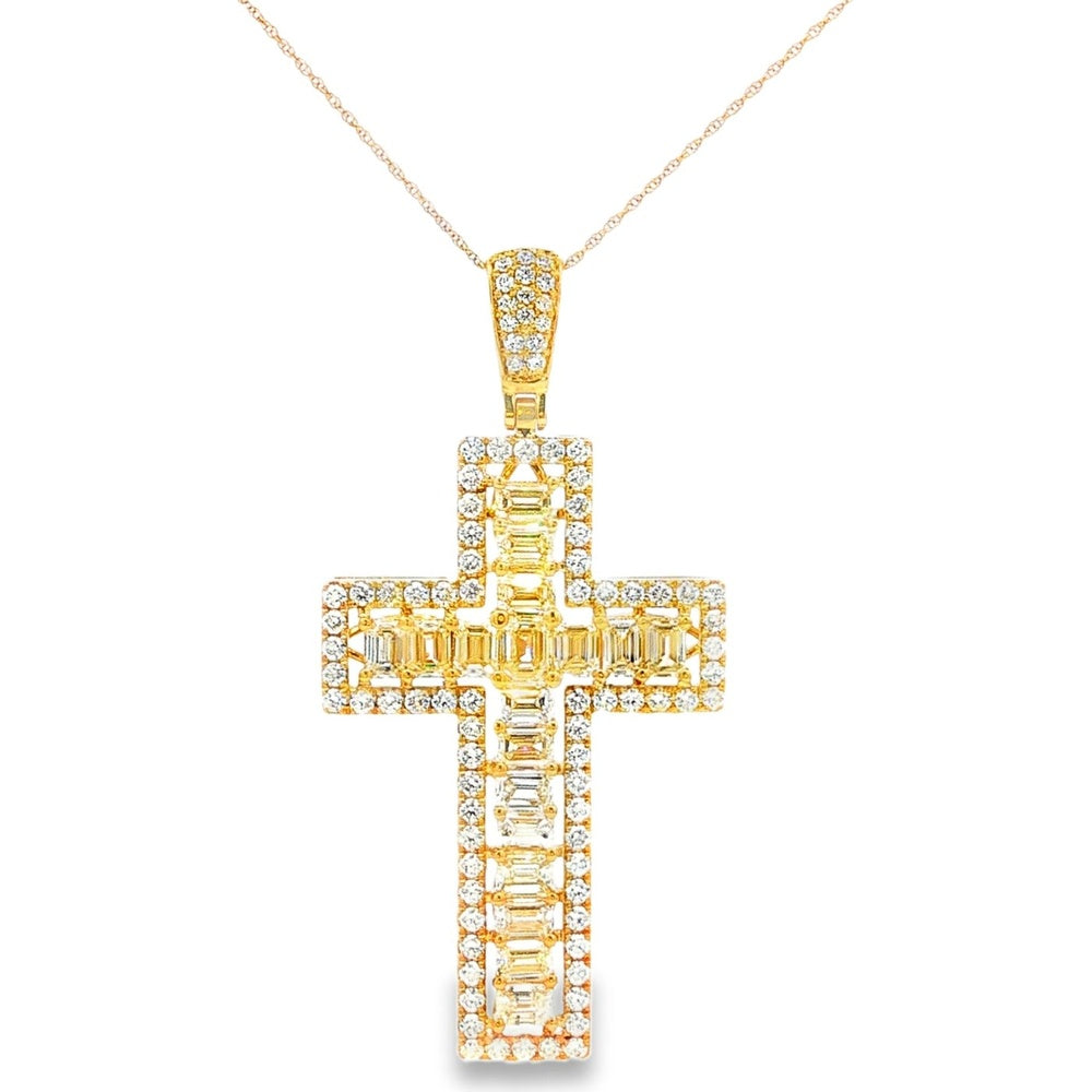 14K Yellow Gold Cross Pendant with Halo Set Round and Baguette Diamonds - 6.08 Carat Total Diamond Weight by Auriventus