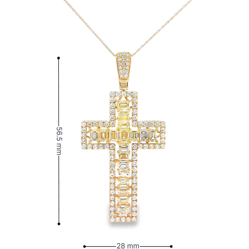 14K Yellow Gold Cross Pendant with Halo Set Round and Baguette Diamonds - 6.08 Carat Total Diamond Weight by Auriventus