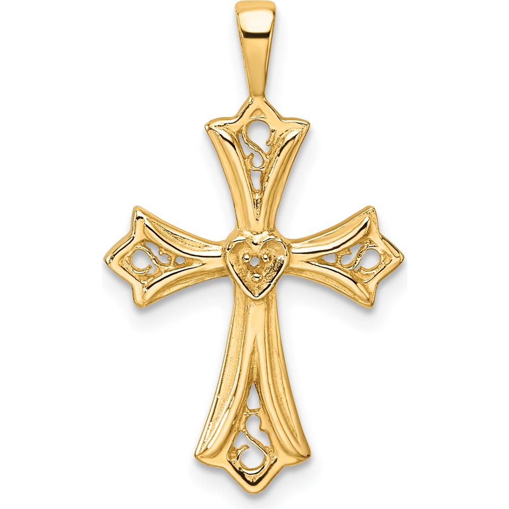 14K Yellow Gold Cross Pendant with Heart Center - Polished Finish by Monteluci Fine Jewelry