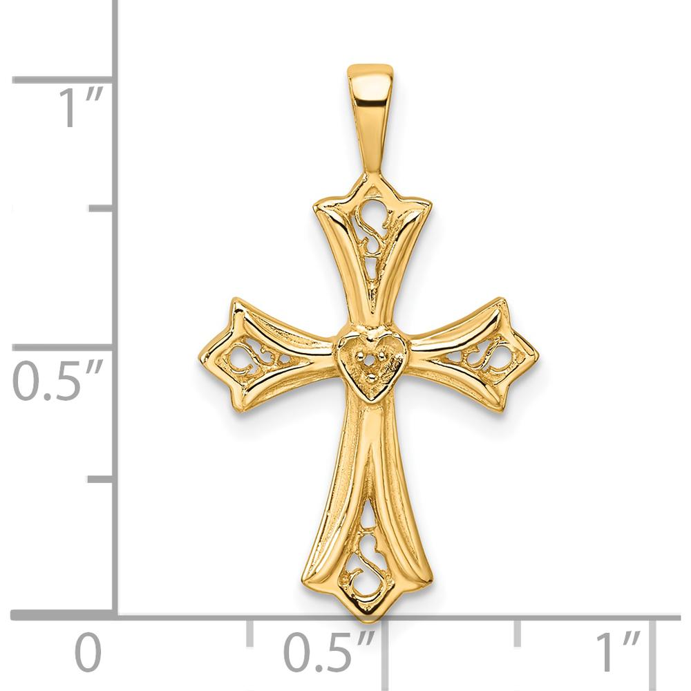14K Yellow Gold Cross Pendant with Heart Center - Polished Finish by Monteluci Fine Jewelry