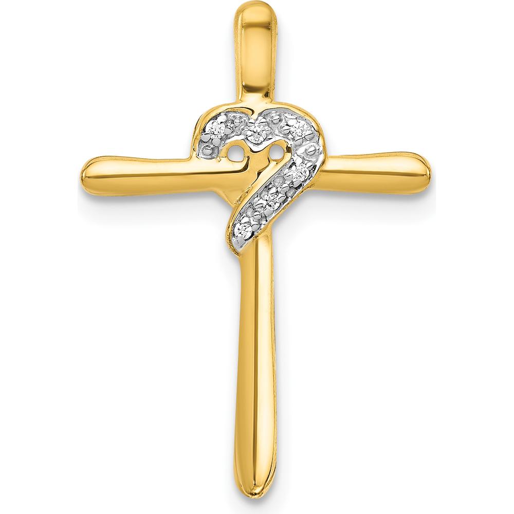 14K Yellow Gold Cross Pendant with Heart Design and Round Diamond Accents - 0.02 Carat Total Diamond Weight by Monteluci Fine Jewelry