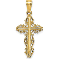 14K Yellow Gold Cross Pendant with Lace Trim Design - 24mm Length by Oro Pregiato