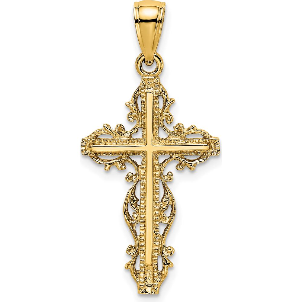 14K Yellow Gold Cross Pendant with Lace Trim Design - 24mm Length by Oro Pregiato