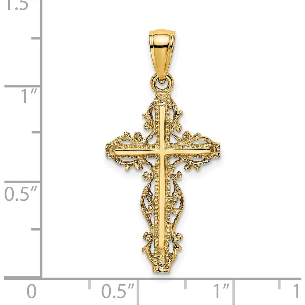 14K Yellow Gold Cross Pendant with Lace Trim Design - 24mm Length by Oro Pregiato