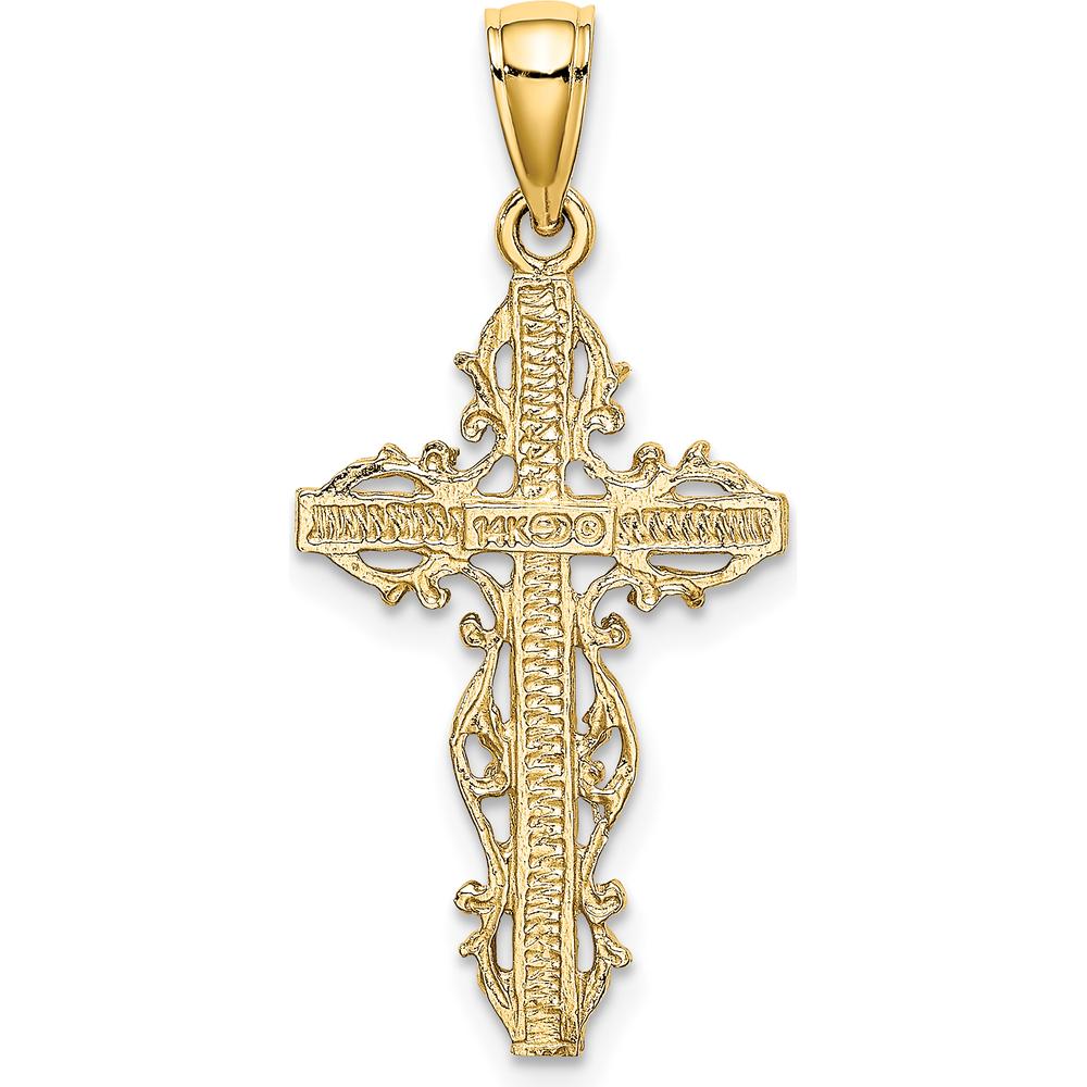 14K Yellow Gold Cross Pendant with Lace Trim Design - 24mm Length by Oro Pregiato