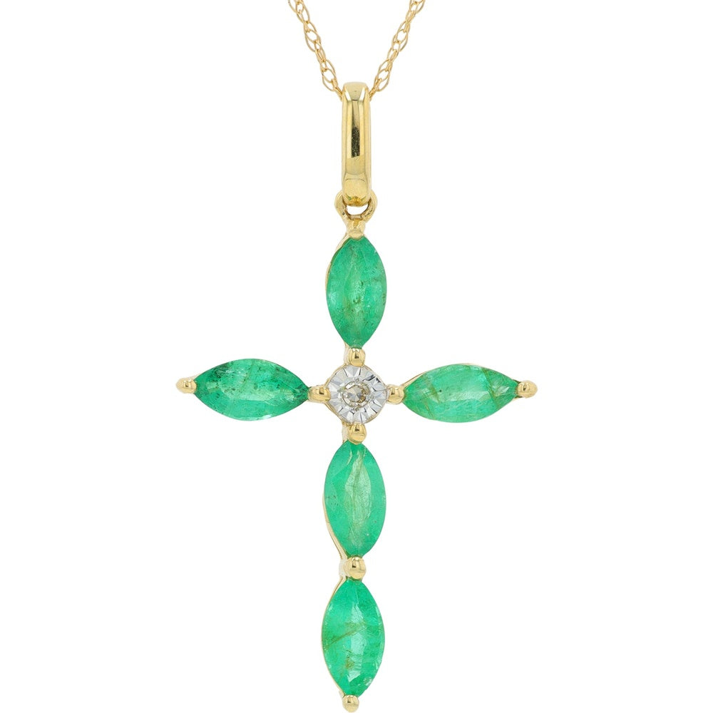 14K Yellow Gold Cross Pendant with Marquise-Cut Emeralds and Round Diamond Accent - 0.01 Carat Total Diamond Weight