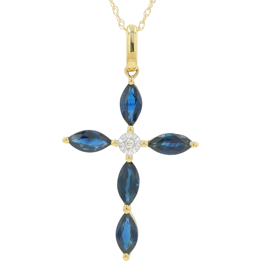 14K Yellow Gold Cross Pendant with Marquise-Cut Sapphires and Round Diamond Center - 0.01 Carat Diamond Weight