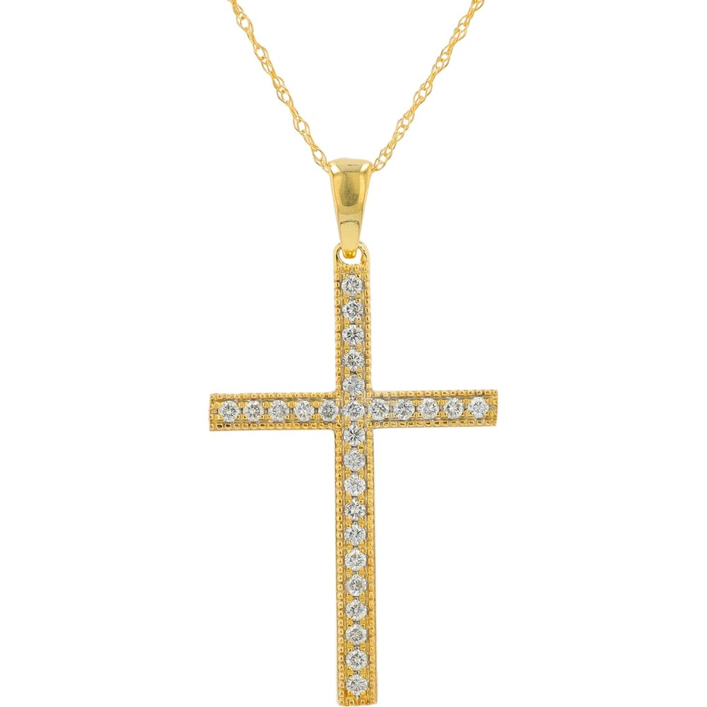 14K Yellow Gold Cross Pendant with Milgrain Detail and Round Brilliant Cut Diamonds - 0.25 Carat Total Diamond Weight
