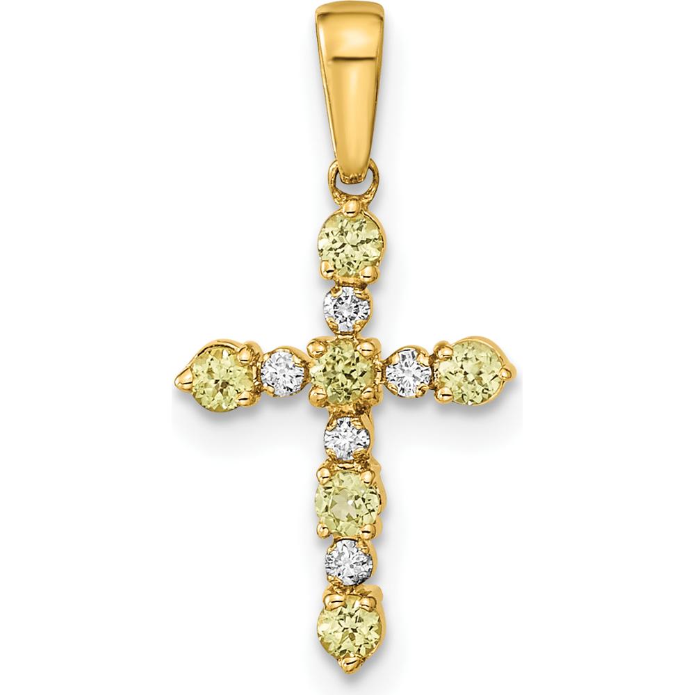 14K Yellow Gold Cross Pendant with Natural Peridot and Diamond Accents - 0.23 Carat Total Peridot Weight, 0.01 Carat Diamond Weight by Oro Pregiato