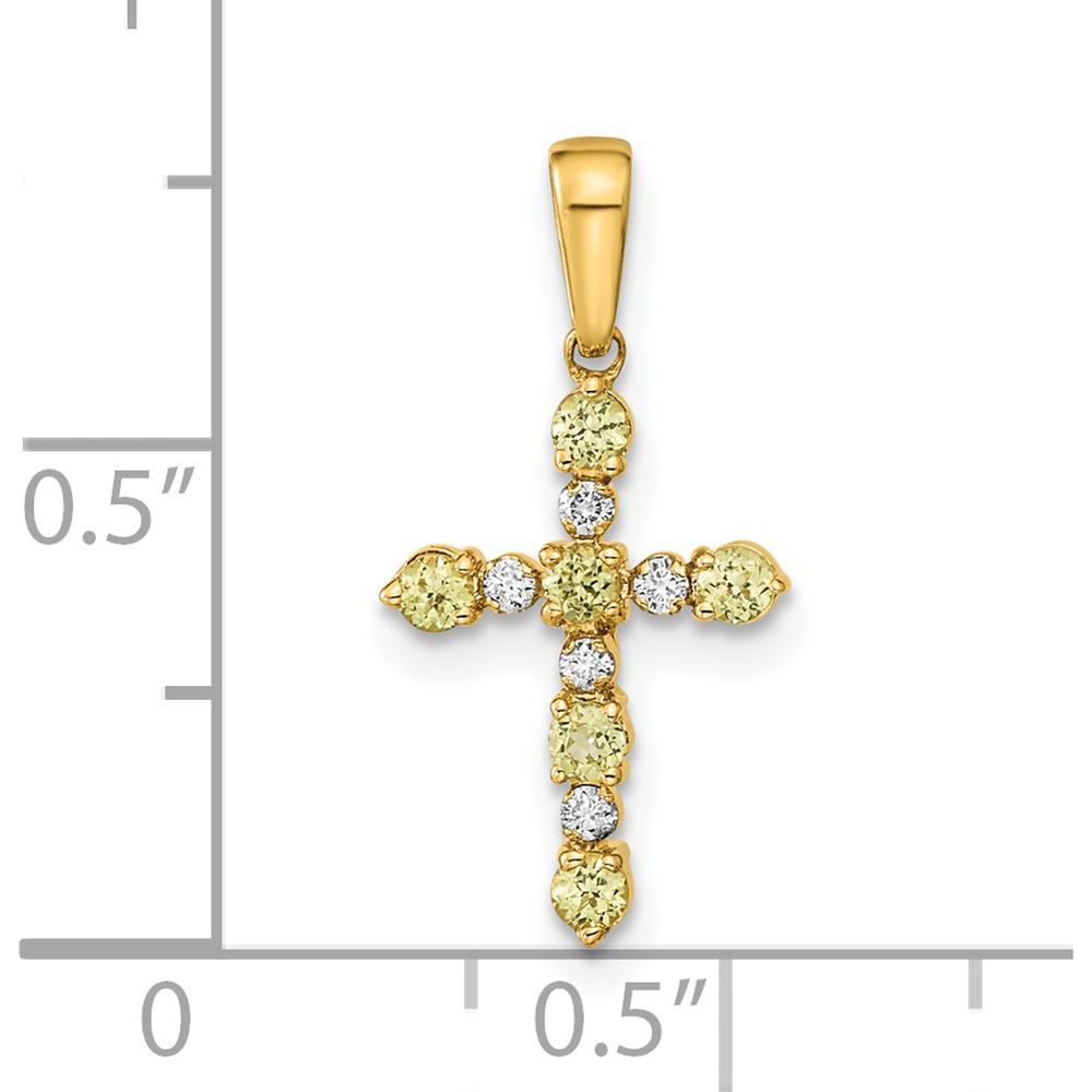 14K Yellow Gold Cross Pendant with Natural Peridot and Diamond Accents - 0.23 Carat Total Peridot Weight, 0.01 Carat Diamond Weight by Oro Pregiato