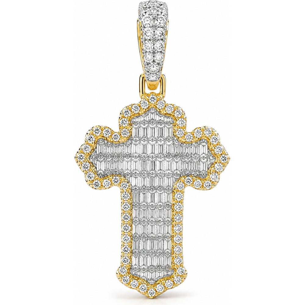 14K Yellow Gold Cross Pendant with Pavé Round and Baguette Diamonds - 0.52 Carat Total Diamond Weight by Auriventus