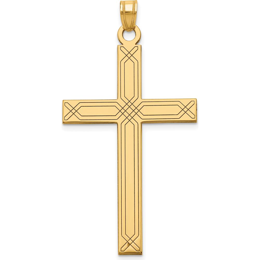 14K Yellow Gold Cross Pendant with Polished Finish and Laser Design - 50mm Length by Oro Pregiato