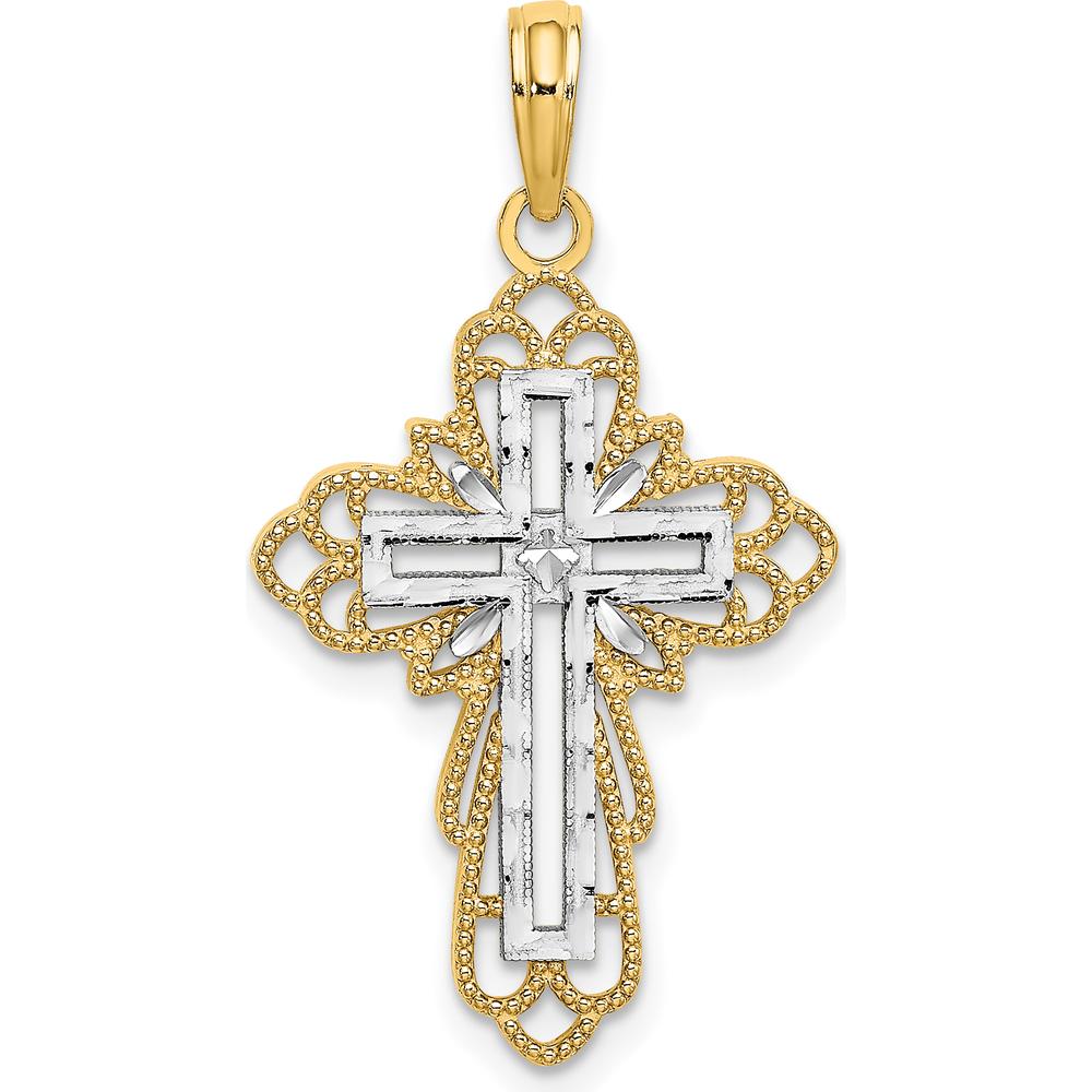 14K Yellow Gold Cross Pendant with Rhodium Lace Trim - 23.7mm x 17mm by Oro Pregiato