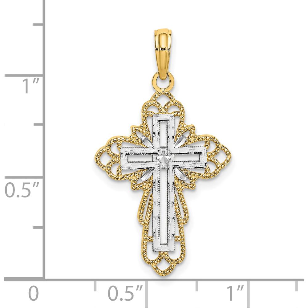 14K Yellow Gold Cross Pendant with Rhodium Lace Trim - 23.7mm x 17mm by Oro Pregiato