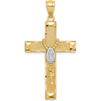 14K Yellow Gold Cross Pendant with Rhodium-Plated Rosary Detail and Virgin Mary Medallion by Oro Pregiato