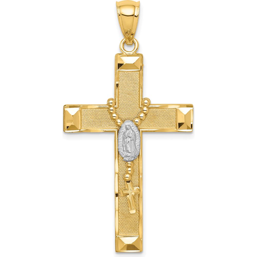 14K Yellow Gold Cross Pendant with Rhodium-Plated Rosary Detail and Virgin Mary Medallion by Oro Pregiato