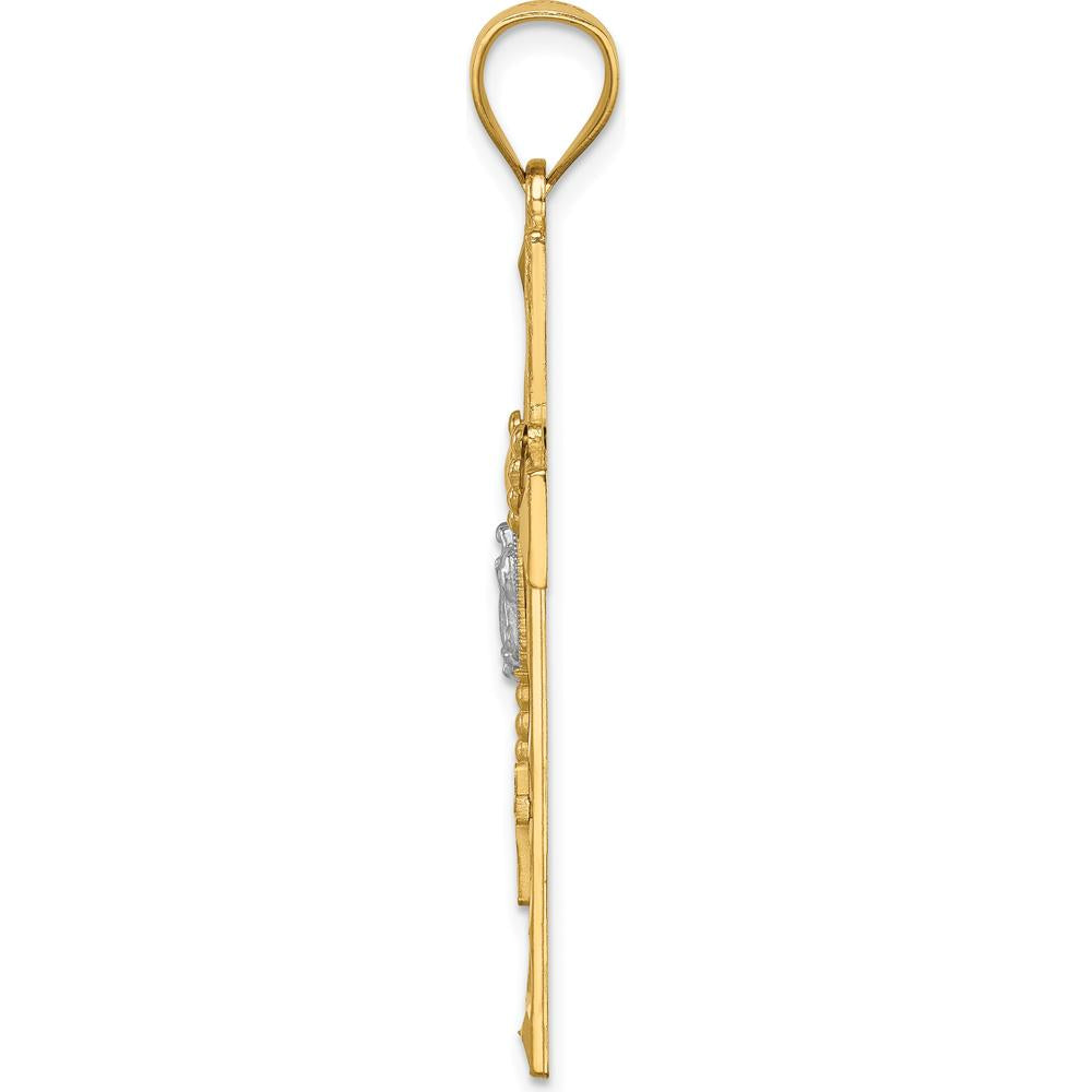 14K Yellow Gold Cross Pendant with Rhodium-Plated Rosary Detail and Virgin Mary Medallion by Oro Pregiato