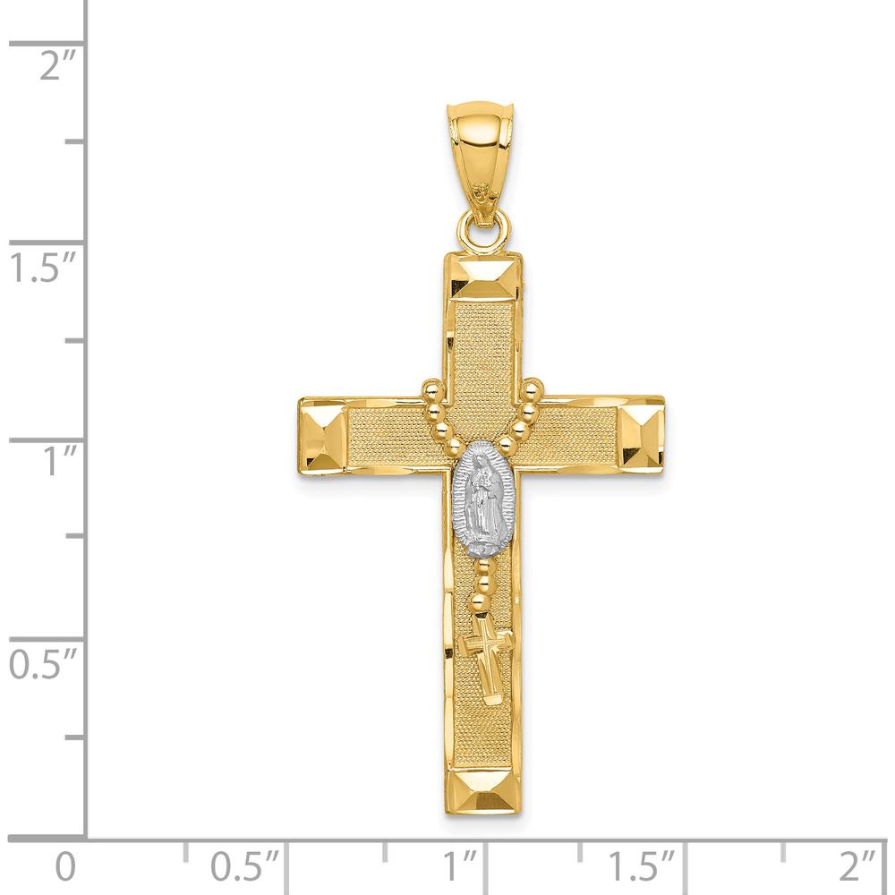 14K Yellow Gold Cross Pendant with Rhodium-Plated Rosary Detail and Virgin Mary Medallion by Oro Pregiato